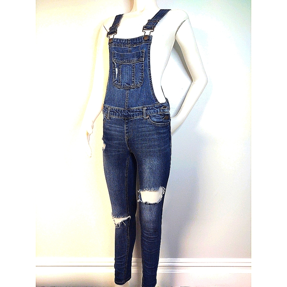 Blue Distressed Denim Ripped Overalls